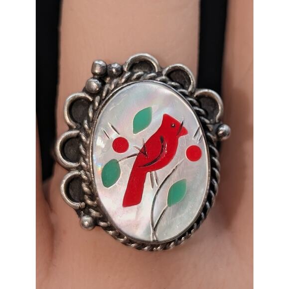 Vtg Southwest Mother of Pearl Inlay Cardinal 925 Sterling Silver Ring Size 6.25 - Picture 1 of 6